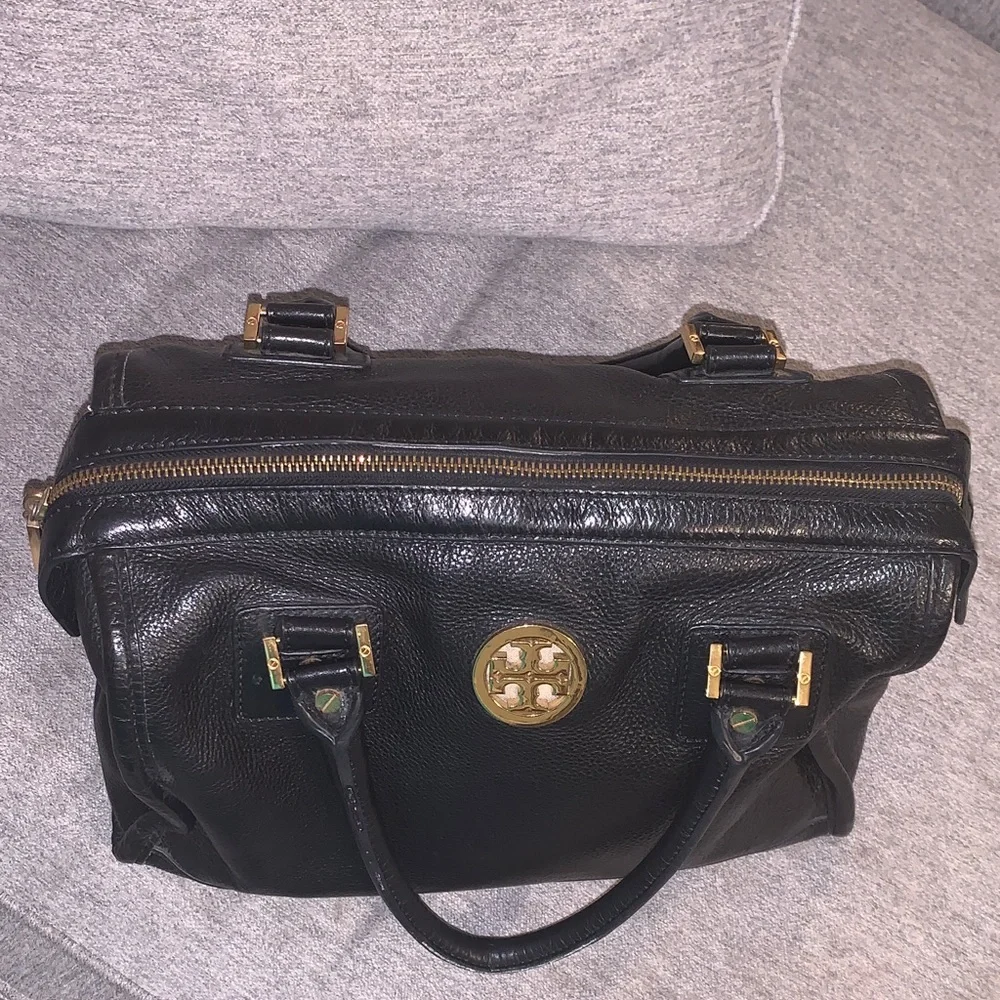 Tory Burch Black Pebbled Leather Satchel with Gold-Tone Logo Purse 👛 - Picture 3 of 17